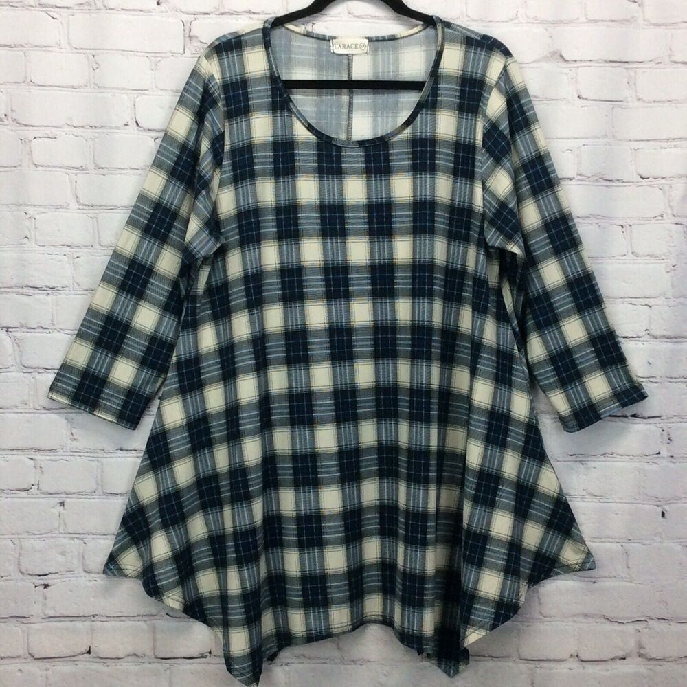 Larace Tunic Top Women's Plus Size 2x Blue Plaid Shark Bite Hem Pullover Stretch
